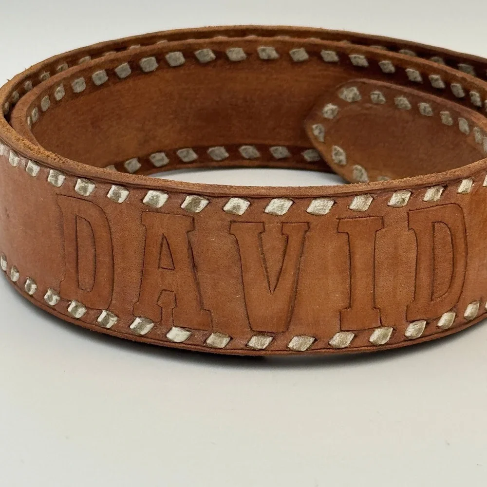 Custom Tooled Leather Belt David Personalized Buckstitch Western Tan Brown‎